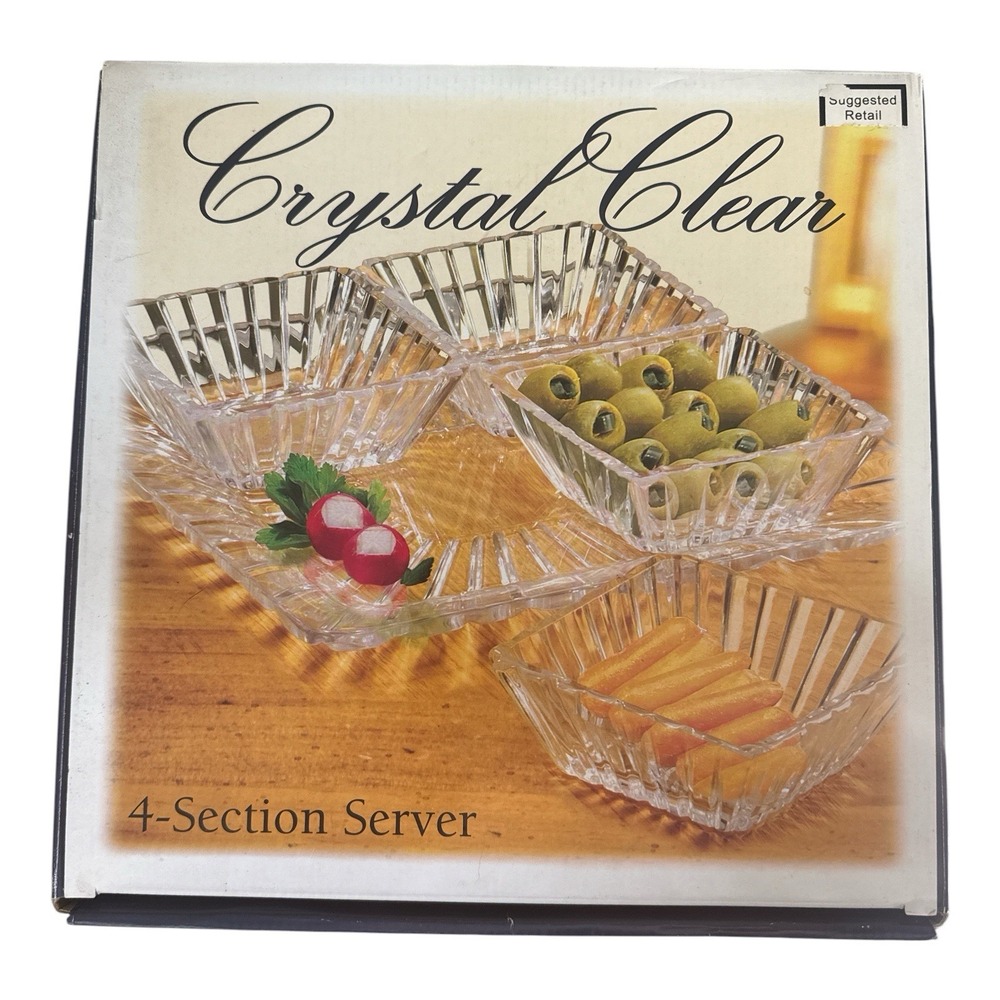 Vtg Crystal Clear Alexandria 4 Section Server Set 5 Pc  Relish Tray Bowls NOB